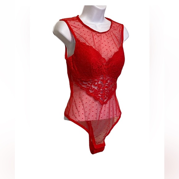 NWT INC INTERNATIONAL CONCEPTS Cupped Swiss Dot Sheer Lace Thong Bodysuit RED - Picture 3 of 8